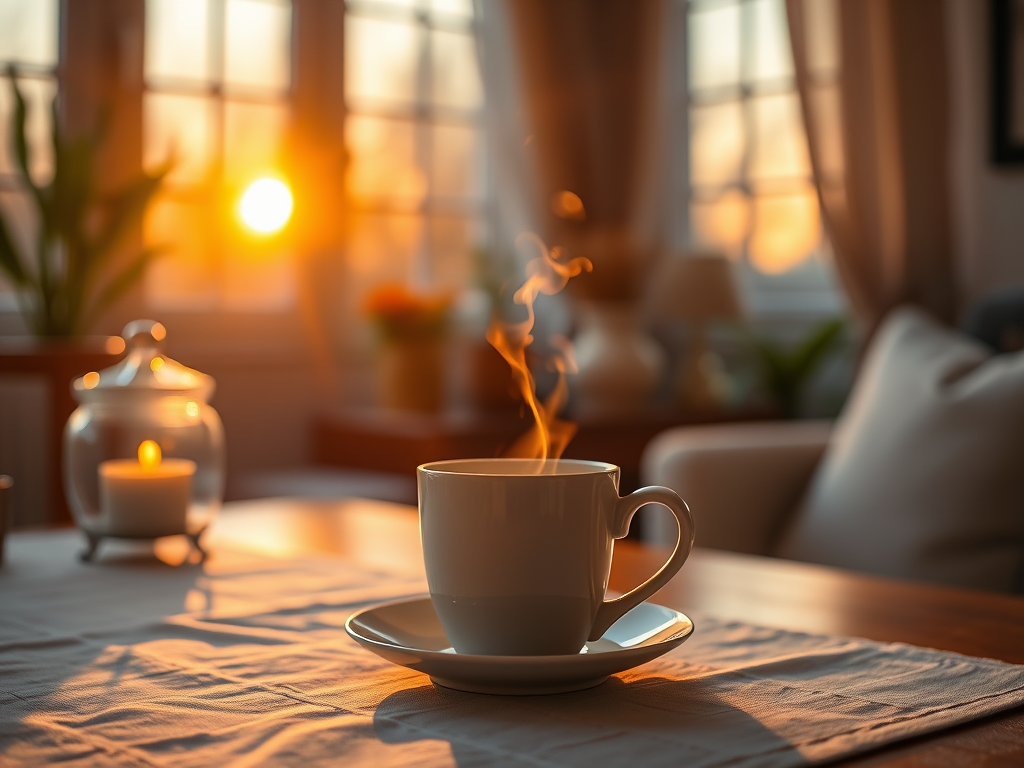 A steaming white coffee cup on a saucer sits on a table, illuminated by the warm light of the sunrise through large windows in the background. A candle and plants are visible nearby, creating a cozy morning atmosphere.